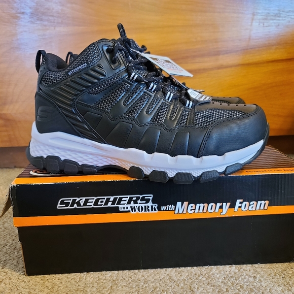 Skechers Men's Work Queznell Steel Toe WP Black & White Lace Up Shoes - Picture 4 of 9